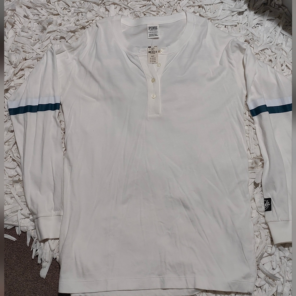White Long Sleeve Henley with Blue Stripes